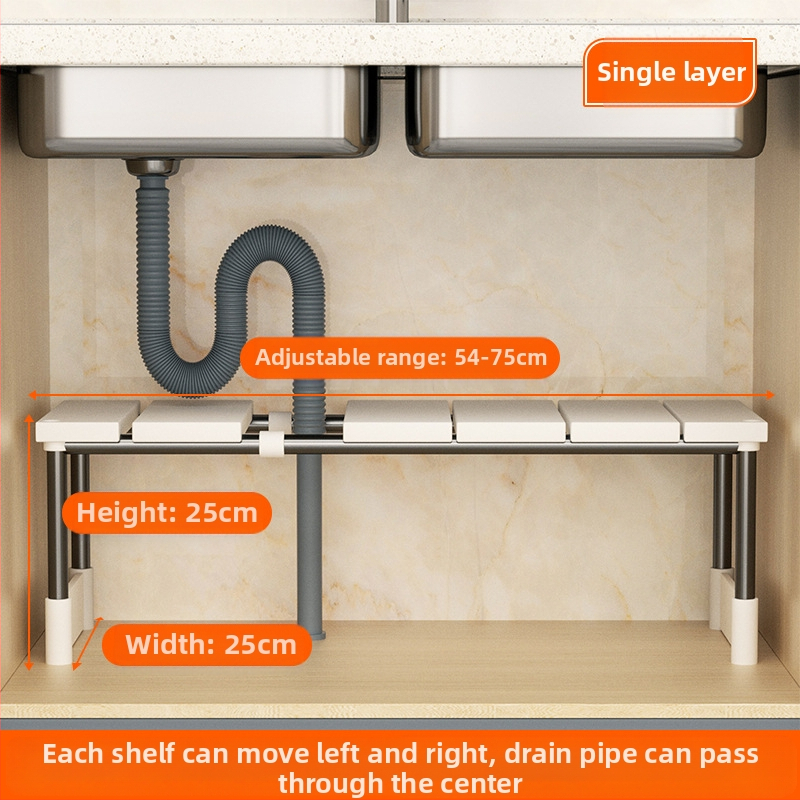 Kuchynský rozťahovací úložný stojan na drez, skrinka, laminovaný stojan, úložný priestor do kuchynskej skrinky, multifunkčný stojan na hrnce, úložná polica