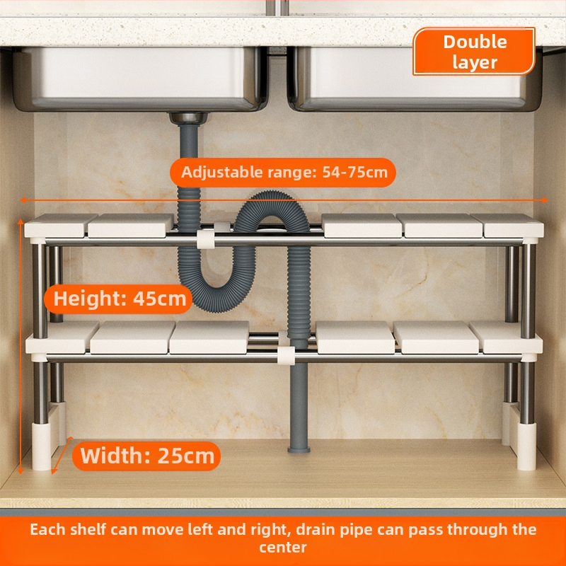 Kuchynský rozťahovací úložný stojan na drez, skrinka, laminovaný stojan, úložný priestor do kuchynskej skrinky, multifunkčný stojan na hrnce, úložná polica