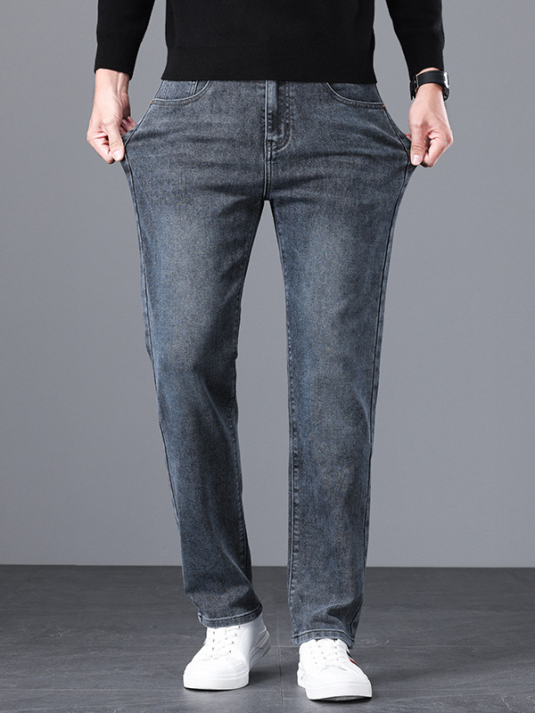 Mindennapi, sokoldalú, magas derekú férfi hímzett farmernadrág, divatos, rugalmas, ránctalanító, vasalást nem igénylő, laza, nagy méretű, egyenes szabású nadrág fiúknak