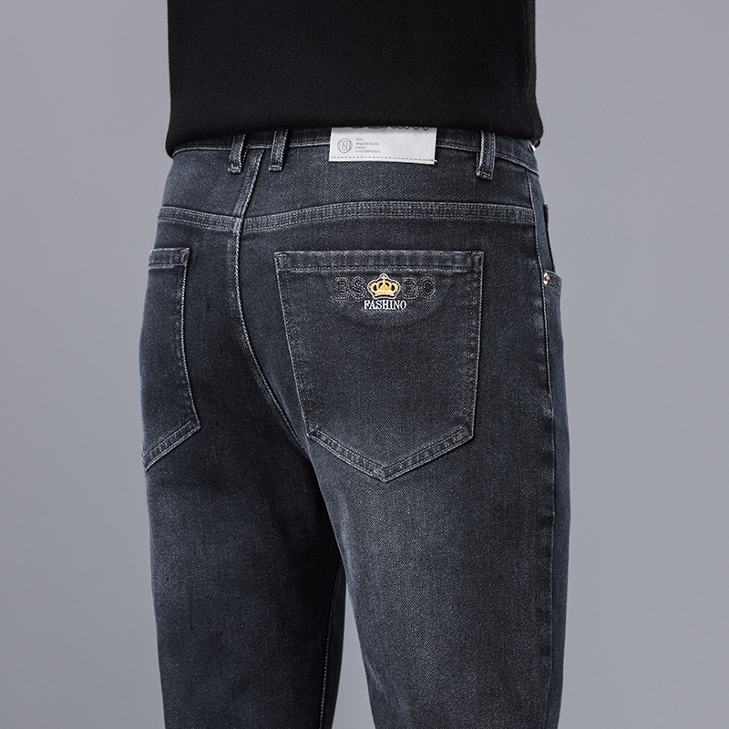 Mindennapi, sokoldalú, magas derekú férfi hímzett farmernadrág, divatos, rugalmas, ránctalanító, vasalást nem igénylő, laza, nagy méretű, egyenes szabású nadrág fiúknak