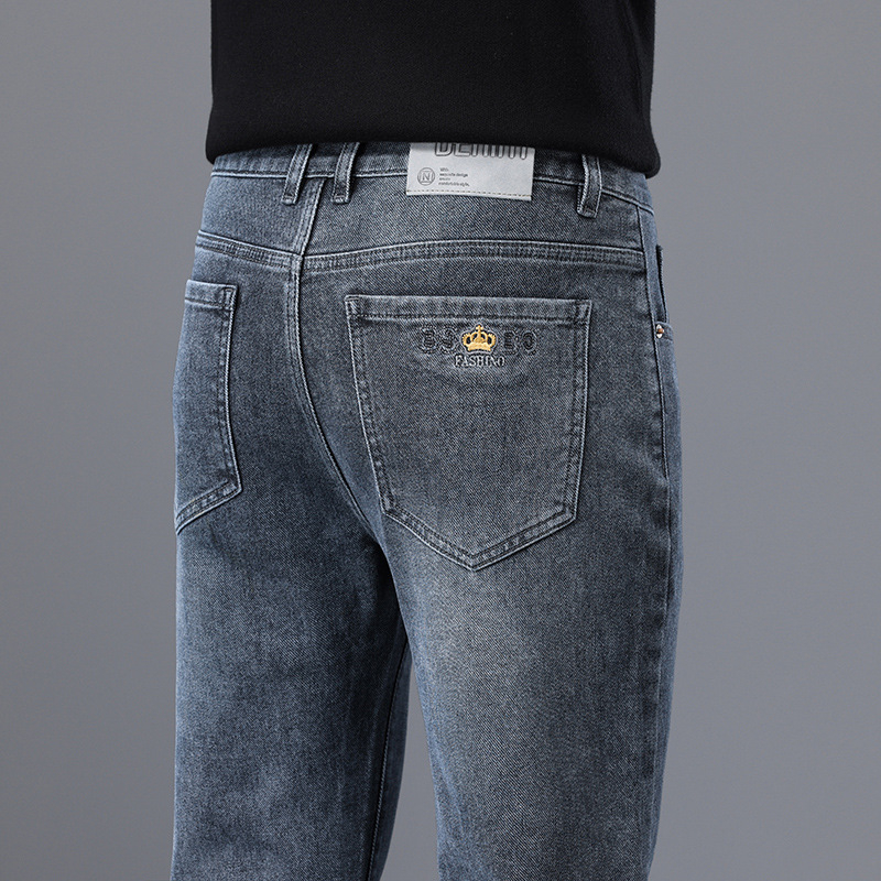 Mindennapi, sokoldalú, magas derekú férfi hímzett farmernadrág, divatos, rugalmas, ránctalanító, vasalást nem igénylő, laza, nagy méretű, egyenes szabású nadrág fiúknak