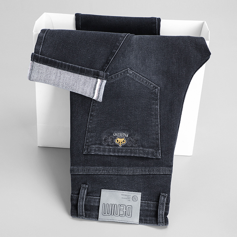 Mindennapi, sokoldalú, magas derekú férfi hímzett farmernadrág, divatos, rugalmas, ránctalanító, vasalást nem igénylő, laza, nagy méretű, egyenes szabású nadrág fiúknak