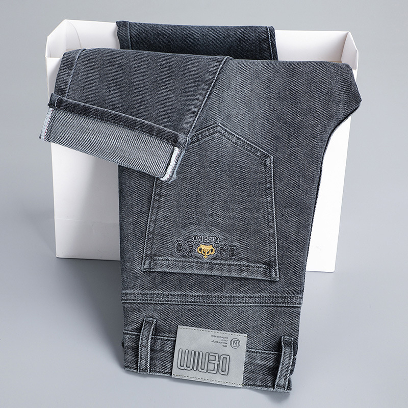 Mindennapi, sokoldalú, magas derekú férfi hímzett farmernadrág, divatos, rugalmas, ránctalanító, vasalást nem igénylő, laza, nagy méretű, egyenes szabású nadrág fiúknak