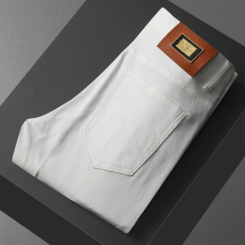 Blugi albi noi pentru bărbați, de lux, la modă, mici, drepte, negri, crop, elastici, din denim, pentru primăvară și vară europeană