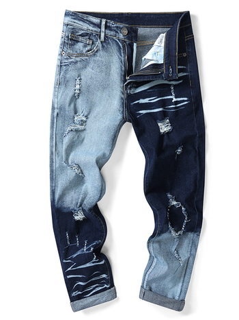 Пролетни и летни нови мъжки дънки с трансграничен дизайн, американски модерни цветно блокиращи тънки, универсални, отслабващи, текстурирани, скъсани панталони