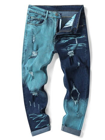 Пролетни и летни нови мъжки дънки с трансграничен дизайн, американски модерни цветно блокиращи тънки, универсални, отслабващи, текстурирани, скъсани панталони