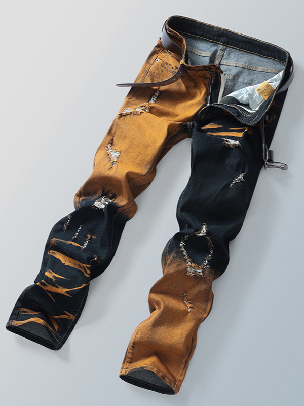 Tavaszi és nyári új, határokon átnyúló férfi farmernadrágok, amerikai stílusú, divatos, színblokkoló, karcsúsított, sokoldalú, karcsúsító, személyiségre szabott, texturált, szaggatott nadrágok