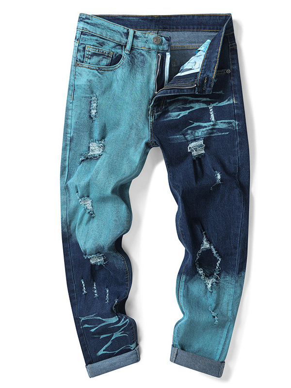 Tavaszi és nyári új, határokon átnyúló férfi farmernadrágok, amerikai stílusú, divatos, színblokkoló, karcsúsított, sokoldalú, karcsúsító, személyiségre szabott, texturált, szaggatott nadrágok