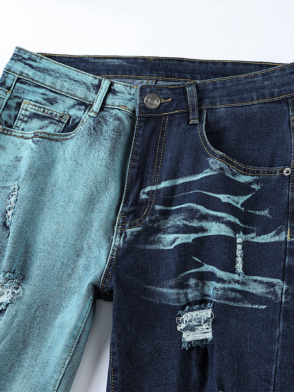 Tavaszi és nyári új, határokon átnyúló férfi farmernadrágok, amerikai stílusú, divatos, színblokkoló, karcsúsított, sokoldalú, karcsúsító, személyiségre szabott, texturált, szaggatott nadrágok