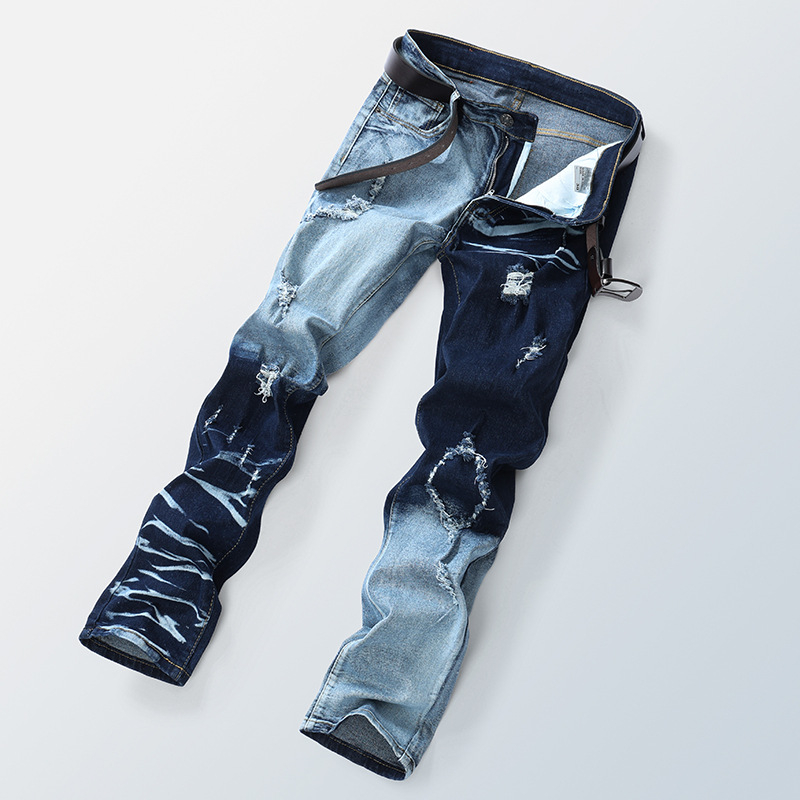 Tavaszi és nyári új, határokon átnyúló férfi farmernadrágok, amerikai stílusú, divatos, színblokkoló, karcsúsított, sokoldalú, karcsúsító, személyiségre szabott, texturált, szaggatott nadrágok