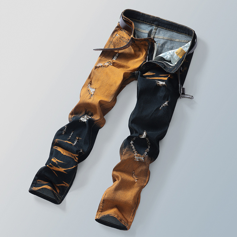 Tavaszi és nyári új, határokon átnyúló férfi farmernadrágok, amerikai stílusú, divatos, színblokkoló, karcsúsított, sokoldalú, karcsúsító, személyiségre szabott, texturált, szaggatott nadrágok