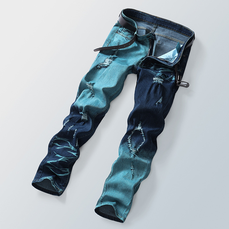 Tavaszi és nyári új, határokon átnyúló férfi farmernadrágok, amerikai stílusú, divatos, színblokkoló, karcsúsított, sokoldalú, karcsúsító, személyiségre szabott, texturált, szaggatott nadrágok