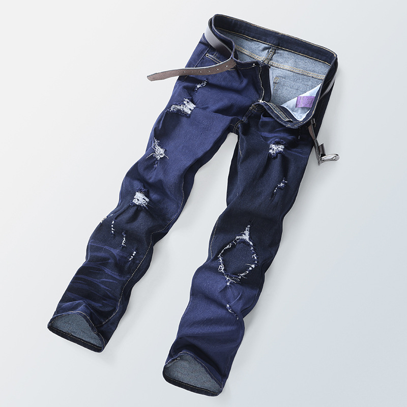 Tavaszi és nyári új, határokon átnyúló férfi farmernadrágok, amerikai stílusú, divatos, színblokkoló, karcsúsított, sokoldalú, karcsúsító, személyiségre szabott, texturált, szaggatott nadrágok