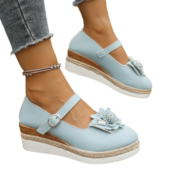 Διασυνοριακά Εξαγωγικά Μοντέρνα Casual Παπούτσια για Γυναίκες με Χοντρές Σόλες, Αγκράφες Ζώνης από Δέρμα με Λουλούδια και Κοίλα Τακούνια με Πλατφόρμα. Ευρωπαϊκά και Αμερικανικά Παπούτσια για Μεγάλο Μέγεθος.