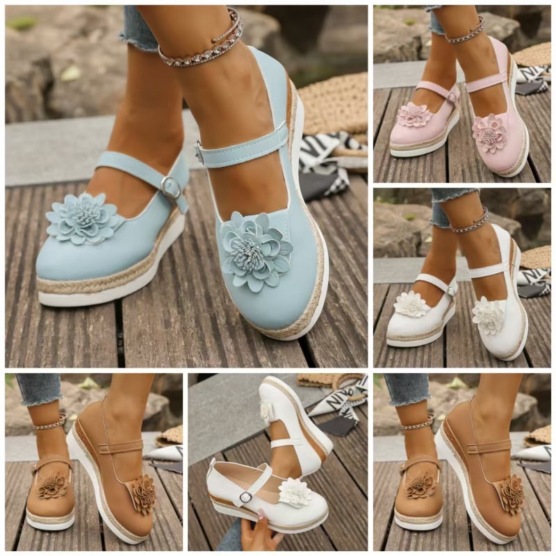 Pantofi casual cu talpă groasă pentru femei, export transfrontalier, cu catarame de curea din piele acoperite cu flori și tocuri cu platformă goale, pantofi de mărime mare europeni și americani