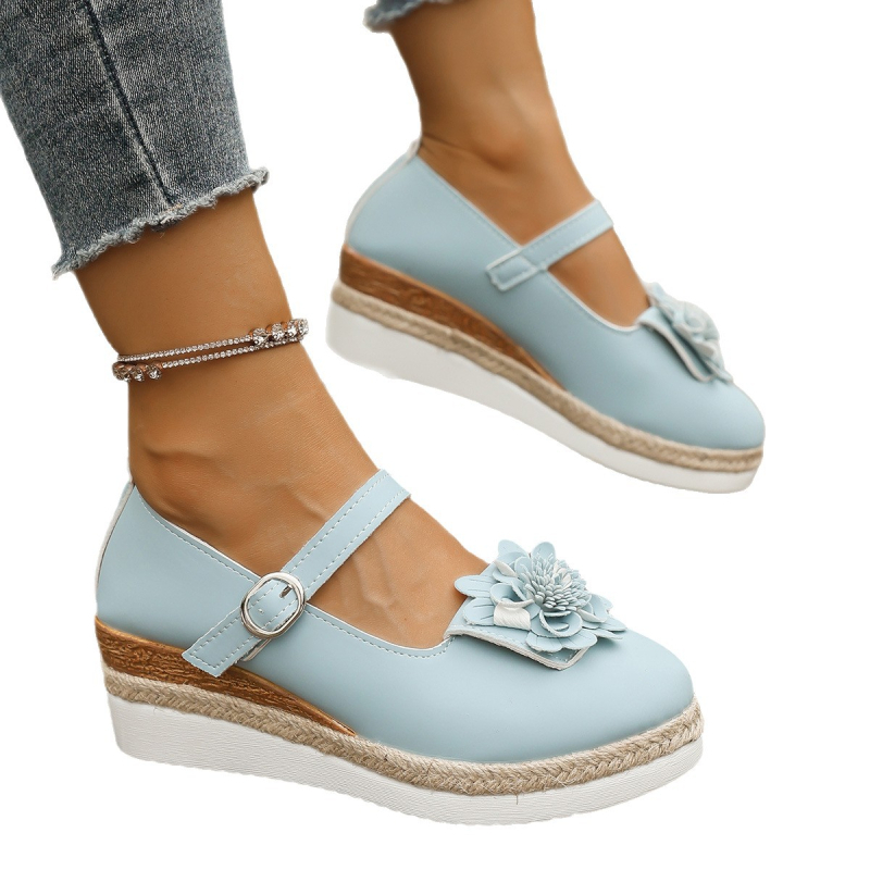 Pantofi casual cu talpă groasă pentru femei, export transfrontalier, cu catarame de curea din piele acoperite cu flori și tocuri cu platformă goale, pantofi de mărime mare europeni și americani
