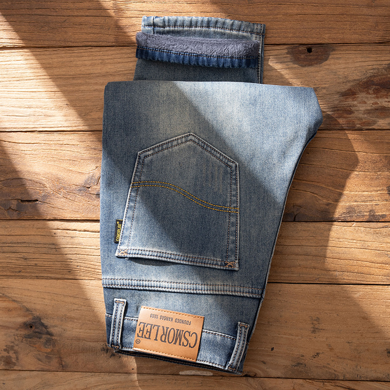 Külkereskedelmi polár bélésű vastag farmer férfi téli meleg amerikai retró kopott divatos férfi nadrág őszi-téli vastag