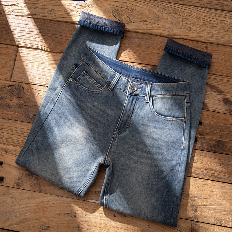 Külkereskedelmi polár bélésű vastag farmer férfi téli meleg amerikai retró kopott divatos férfi nadrág őszi-téli vastag