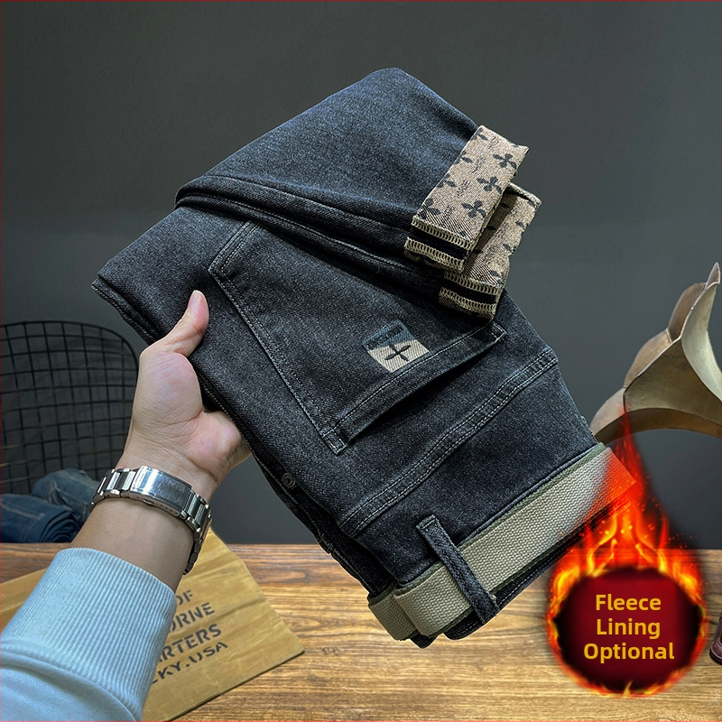 Férfi Nadrágok Ősz és Tél 2024 Polár Bélelt Fekete Farmer Férfi Egyenes Fazonú Slim Fazonú Stretch Retro Mosott Stretch Lezser