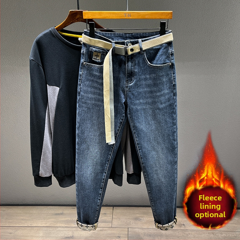 Pánske nohavice jeseň a zima 2024, čierne džínsy s flísovou podšívkou, pánske rovné, slim fit, strečové, retro, prané, strečové, ležérne
