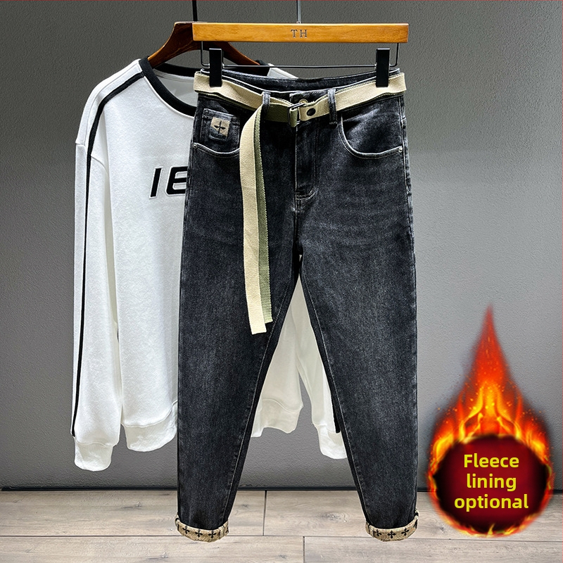 Pánske nohavice jeseň a zima 2024, čierne džínsy s flísovou podšívkou, pánske rovné, slim fit, strečové, retro, prané, strečové, ležérne