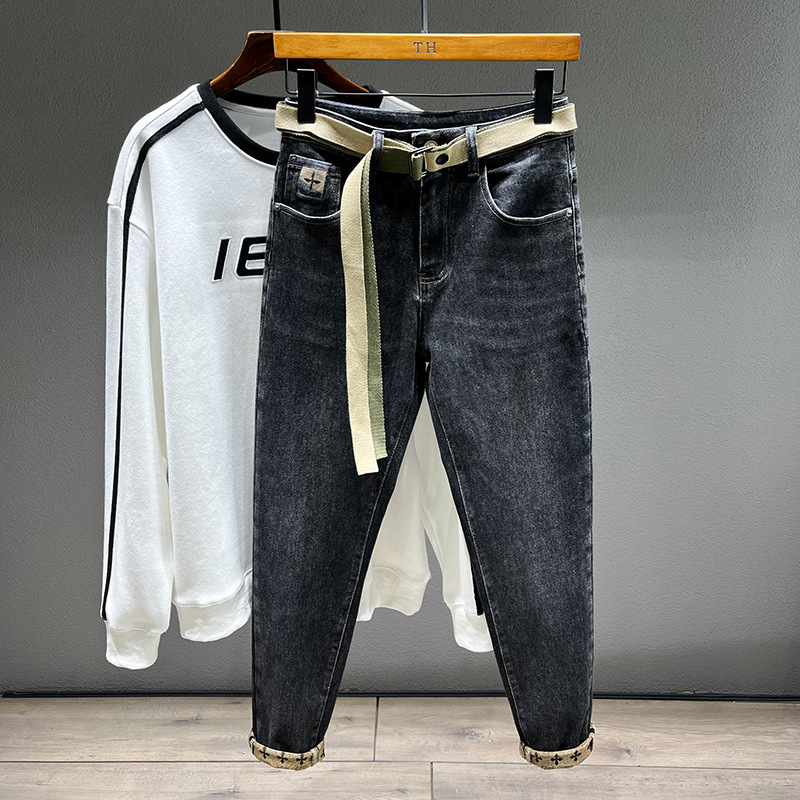 Férfi Nadrágok Ősz és Tél 2024 Polár Bélelt Fekete Farmer Férfi Egyenes Fazonú Slim Fazonú Stretch Retro Mosott Stretch Lezser