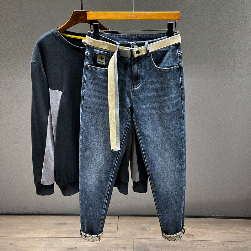 Férfi Nadrágok Ősz és Tél 2024 Polár Bélelt Fekete Farmer Férfi Egyenes Fazonú Slim Fazonú Stretch Retro Mosott Stretch Lezser