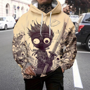 Моден пуловер с качулка, креативен самурайски принт, ежедневен, редовно издание, дълъг ръкав, животински модел, дрехи за двойки