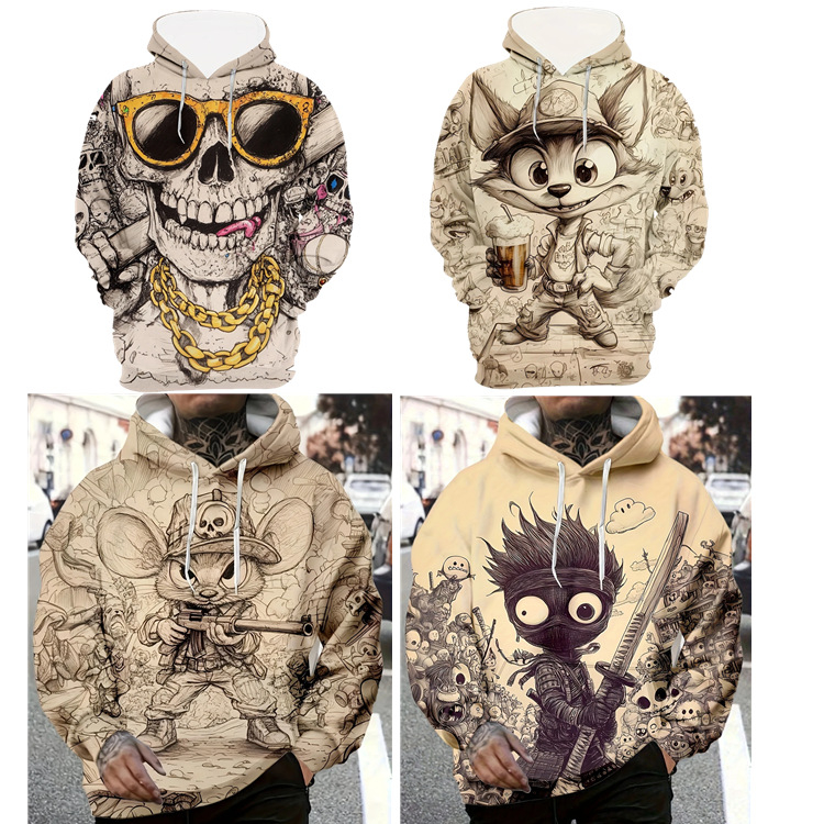 Divatos kapucnis pulóver, kreatív szamurájmintás, hétköznapi, normál kiadás, hosszú ujjú, állatmintás páros ruházat