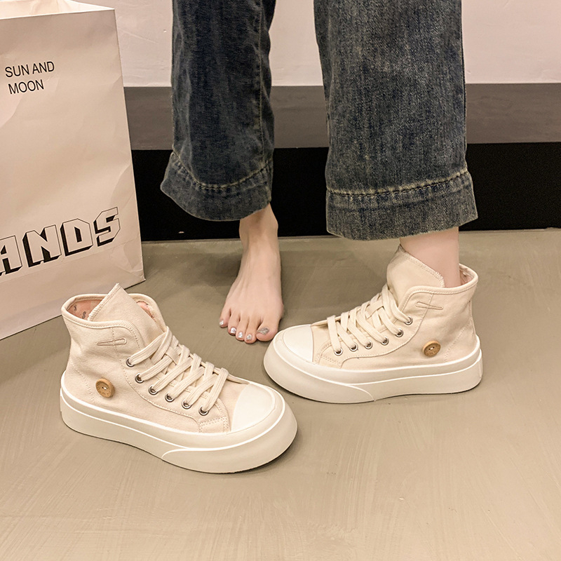 Naiste suvised lõuendikingad 2025. aasta uued paksu tallaga mitmekülgsed sisestiilis õhukesed hingavad mitmekülgsed valged kingad vabaaja tossud