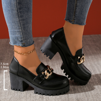 Külkereskedelmi Nagy Méretű Vastag Talpú Női Loafers Cipők 2025 Tavaszi és Őszi Új Fekete Kerek Orrú Kis Bőr Cipők