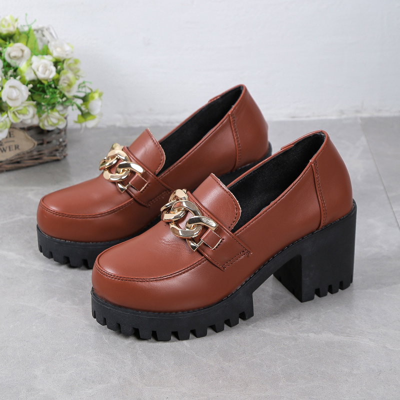 Külkereskedelmi Nagy Méretű Vastag Talpú Női Loafers Cipők 2025 Tavaszi és Őszi Új Fekete Kerek Orrú Kis Bőr Cipők