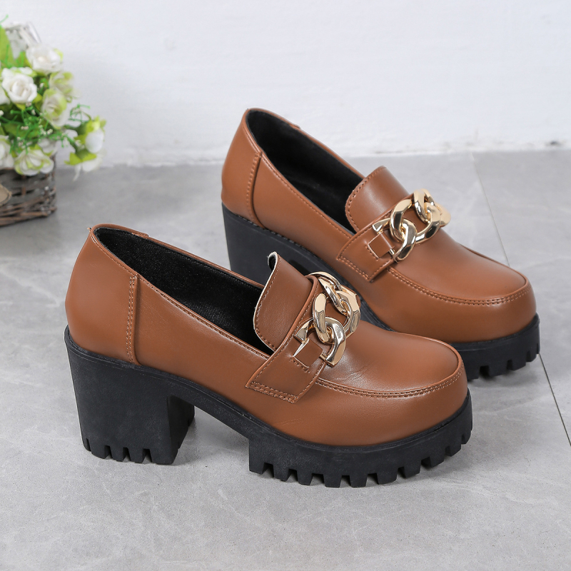 Külkereskedelmi Nagy Méretű Vastag Talpú Női Loafers Cipők 2025 Tavaszi és Őszi Új Fekete Kerek Orrú Kis Bőr Cipők