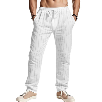 2025 Határokon átnyúló Amazon Európa és Amerika Lezser Joker Csíkos Pamut és Len Nadrág Laza Lélegző Divatos Sport Férfiak