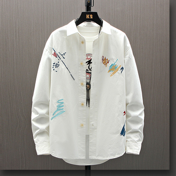 Hosszú ujjú pamut ing, férfi koreai stílusú, divatos, csinos, munkáskabát, tavaszi és őszi ifjúsági graffiti hímzett felső