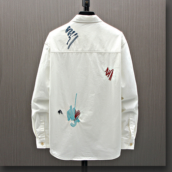 Μακρυμάνικο βαμβακερό πουκάμισο ανδρών σε κορεατικό στιλ, μοντέρνο, όμορφο πουκάμισο εργασίας, μπουφάν, άνοιξη και φθινόπωρο, νεανικό γκράφιτι κεντημένο τοπ