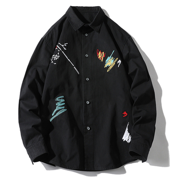 Μακρυμάνικο βαμβακερό πουκάμισο ανδρών σε κορεατικό στιλ, μοντέρνο, όμορφο πουκάμισο εργασίας, μπουφάν, άνοιξη και φθινόπωρο, νεανικό γκράφιτι κεντημένο τοπ