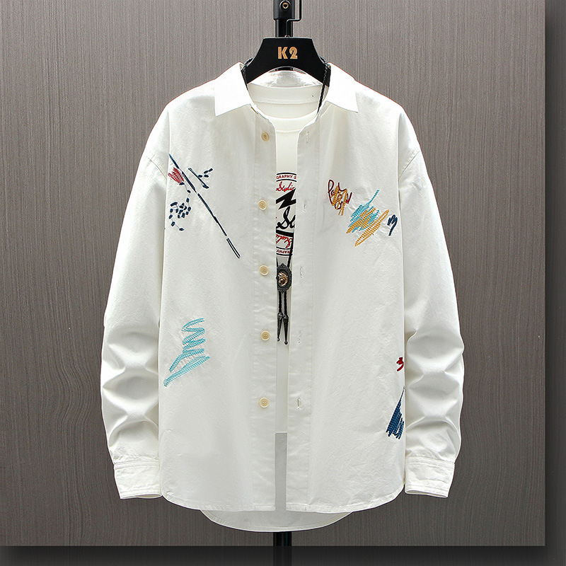 Hosszú ujjú pamut ing, férfi koreai stílusú, divatos, csinos, munkáskabát, tavaszi és őszi ifjúsági graffiti hímzett felső