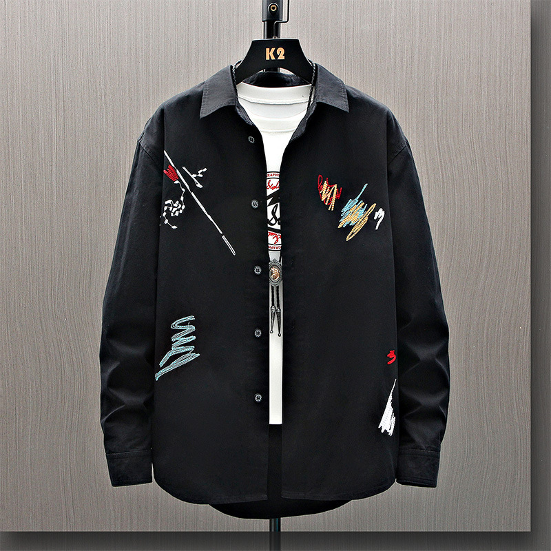 Hosszú ujjú pamut ing, férfi koreai stílusú, divatos, csinos, munkáskabát, tavaszi és őszi ifjúsági graffiti hímzett felső
