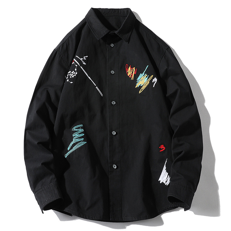 Hosszú ujjú pamut ing, férfi koreai stílusú, divatos, csinos, munkáskabát, tavaszi és őszi ifjúsági graffiti hímzett felső