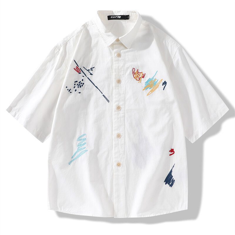 Hosszú ujjú pamut ing, férfi koreai stílusú, divatos, csinos, munkáskabát, tavaszi és őszi ifjúsági graffiti hímzett felső