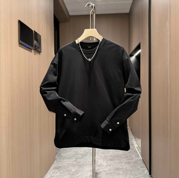 Мъжки есенен нов едноцветен ежедневен пуловер с копчета и кръгло деколте, модерен подгъв, цепка, тънка базова риза