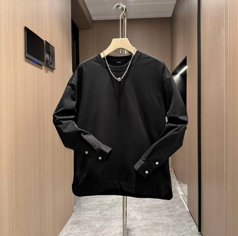 Férfi őszi új, egyszínű, lezser, gombos ujjú, kerek nyakú pulóver, divatos, szegélyű, hasított, vékony ing