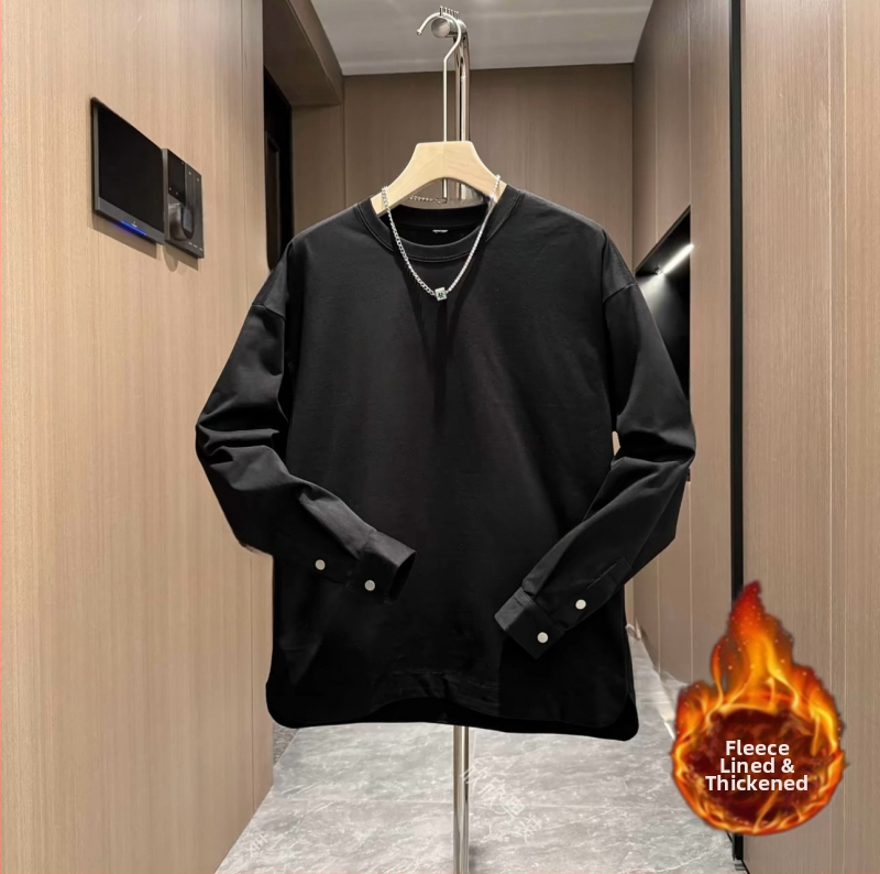 Férfi őszi új, egyszínű, lezser, gombos ujjú, kerek nyakú pulóver, divatos, szegélyű, hasított, vékony ing