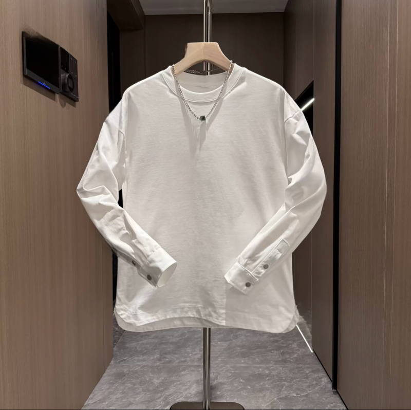 Férfi őszi új, egyszínű, lezser, gombos ujjú, kerek nyakú pulóver, divatos, szegélyű, hasított, vékony ing