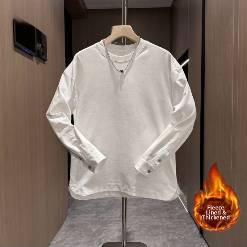 Férfi őszi új, egyszínű, lezser, gombos ujjú, kerek nyakú pulóver, divatos, szegélyű, hasított, vékony ing