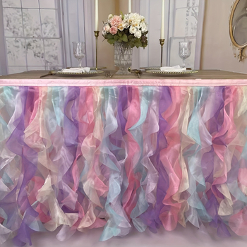 Stalo sijonas „Amazon“ undinėlės spalvų skudurų stalo sijonas, šifono pinti vestuvių gimtadienio vakarėlio dekoravimo stalas