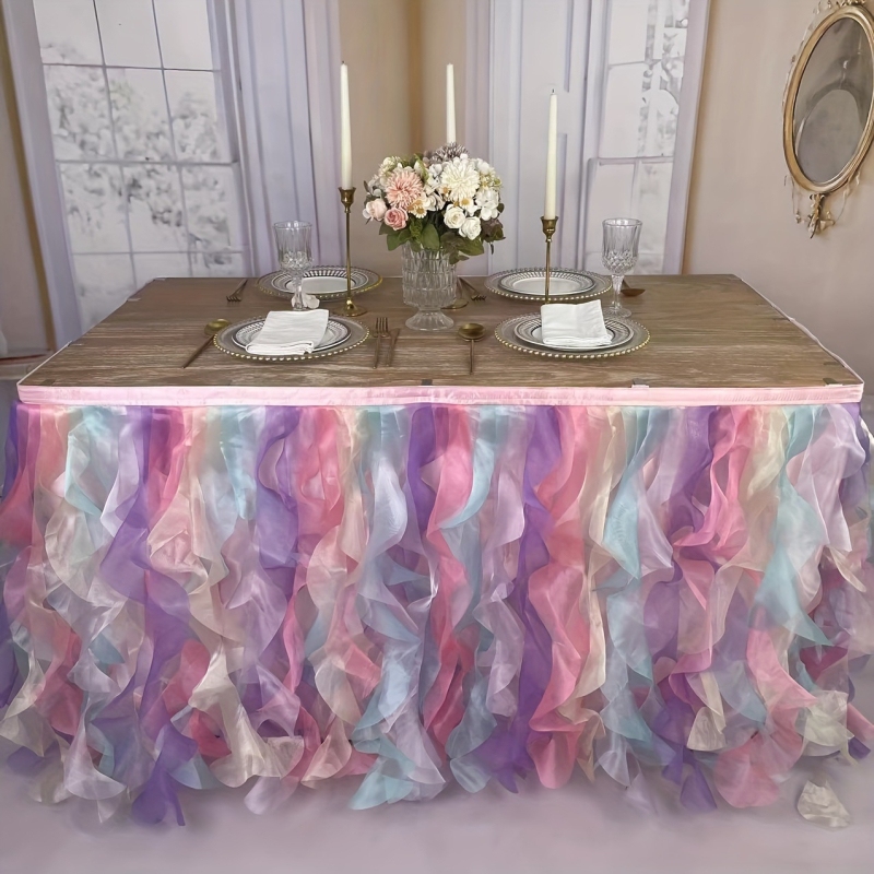 Stalo sijonas „Amazon“ undinėlės spalvų skudurų stalo sijonas, šifono pinti vestuvių gimtadienio vakarėlio dekoravimo stalas