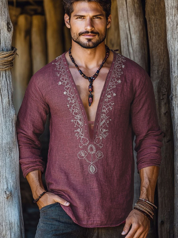 Férfi alkalmi hosszú ujjú ing Nyári Könnyű Lélegző Lezser Dizájn Sense Personality Férfi felső V-nyakú