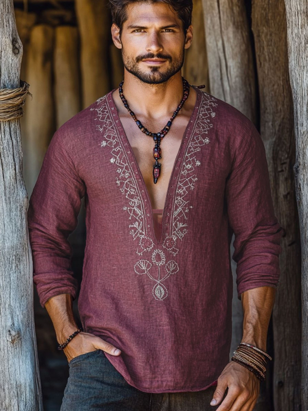 Férfi alkalmi hosszú ujjú ing Nyári Könnyű Lélegző Lezser Dizájn Sense Personality Férfi felső V-nyakú